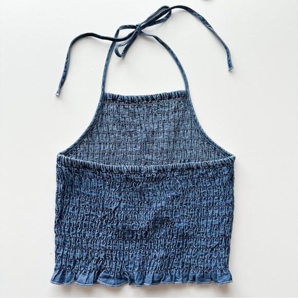 American Eagle Smocked Blue Denim Halter Top - Picture 5 of 10